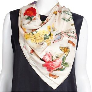 GUCCI COLORFUL SILK FLORAL SCARF BUTTERFLIES BEES AND INSECTS - 34” square